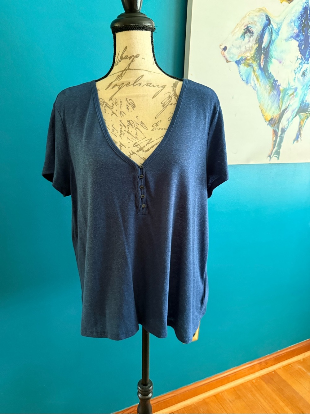 Old Navy Navy V-Neck Short Sleeve Linen Blend Henley Top